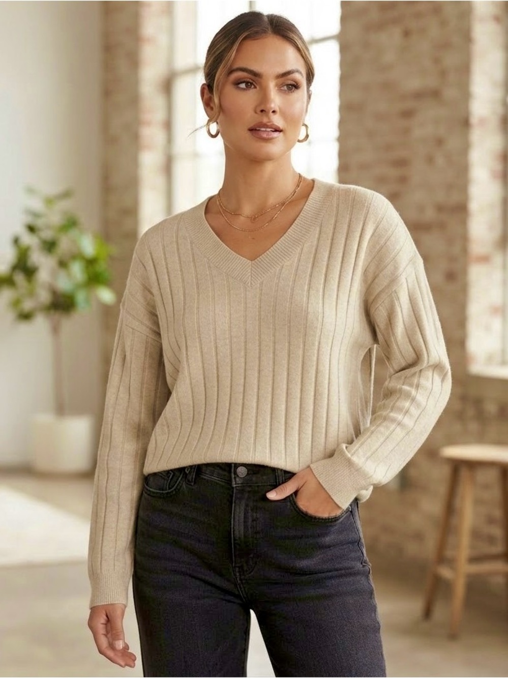NWT VIGOSS Women's V-Neck Ribbed Knit Sweater Long Sleeve Beige Size Large